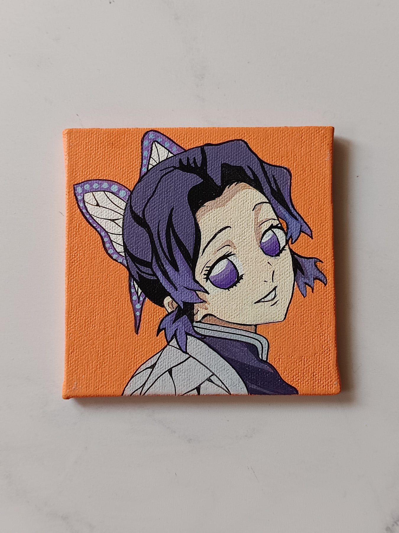 Close-up of Shinobu Kocho anime acrylic painting by Tulika Viegas