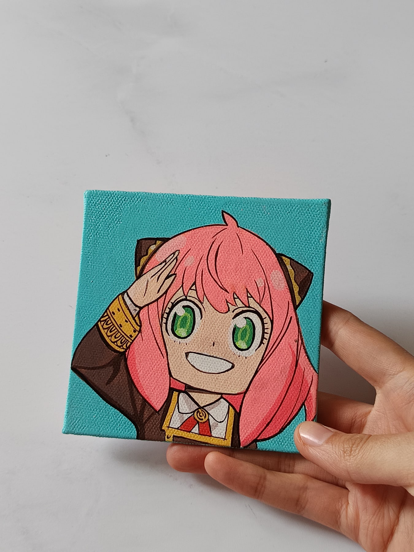 Close-up of Anya Forger anime acrylic painting by Tulika Viegas