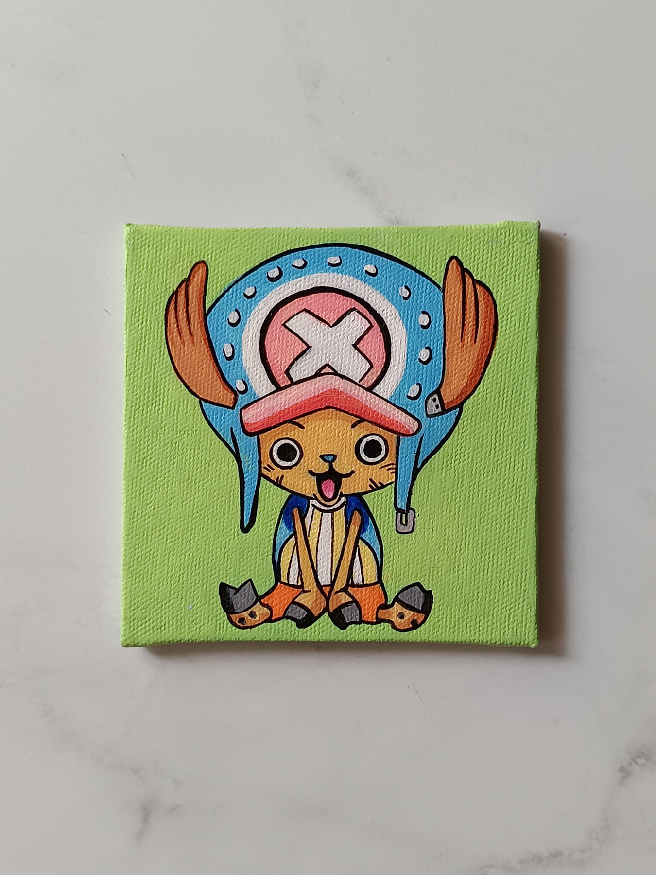 Side view of Tony Tony Chopper hand-painted mini canvas fridge magnet by Tulika Viegas