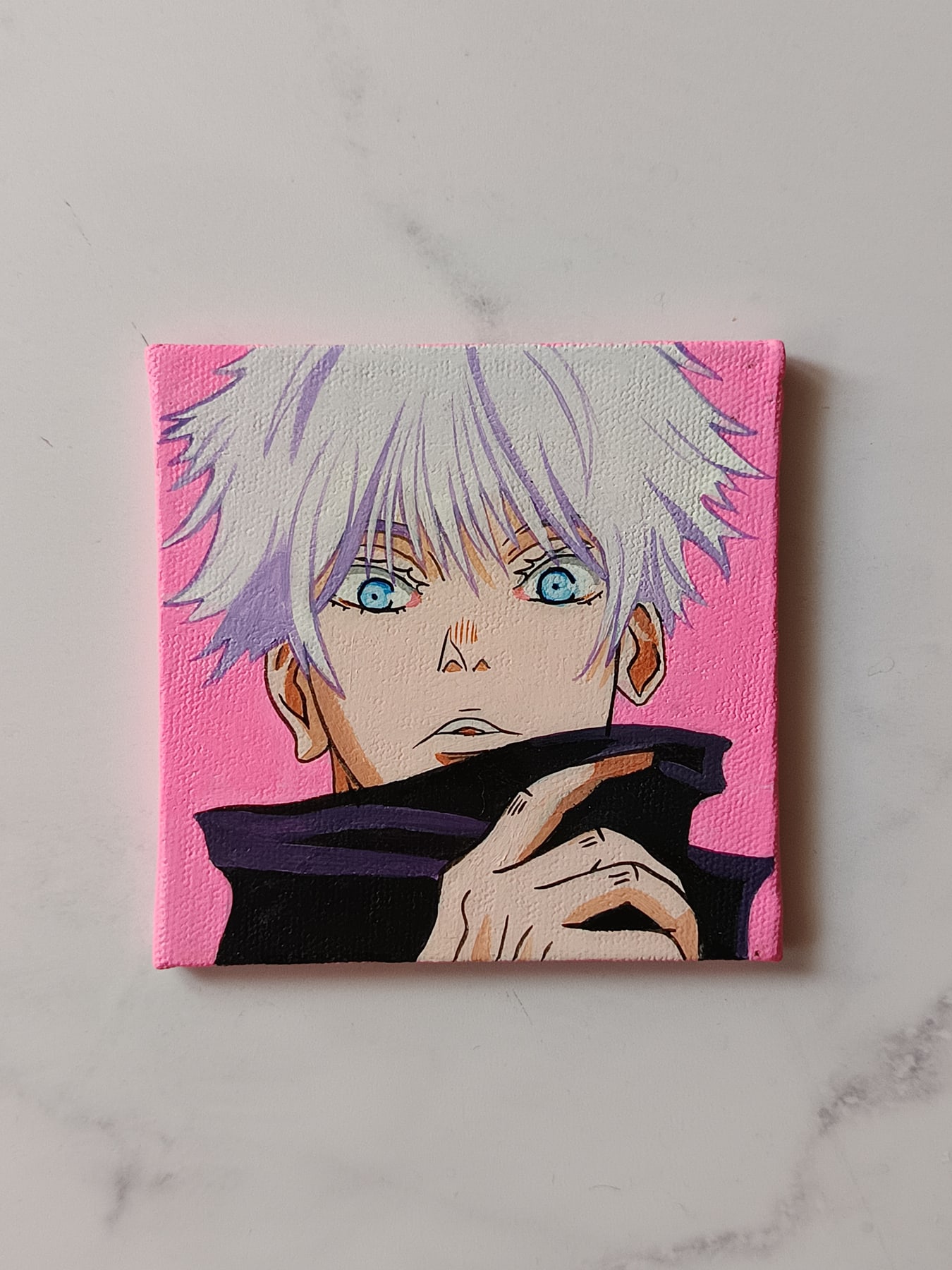Close-up of Satoru Gojo anime acrylic painting by Tulika Viegas