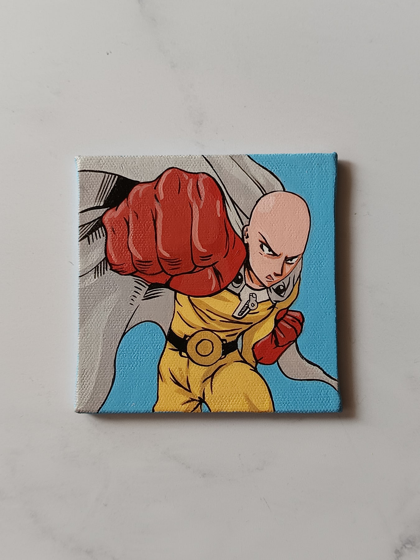 Close-up of Saitama anime acrylic painting by Tulika Viegas