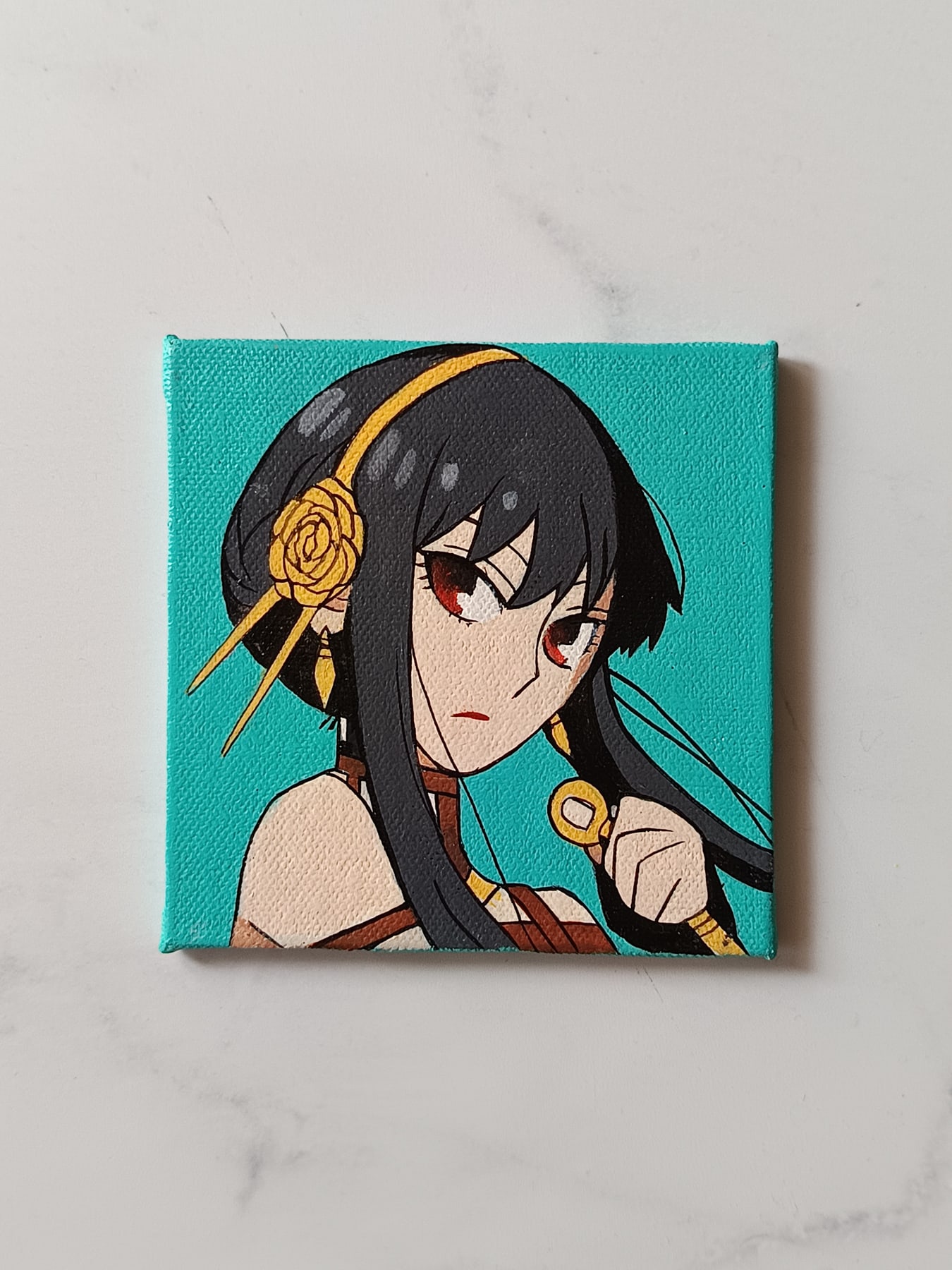 Close-up of Yor Forger anime acrylic painting by Tulika Viegas