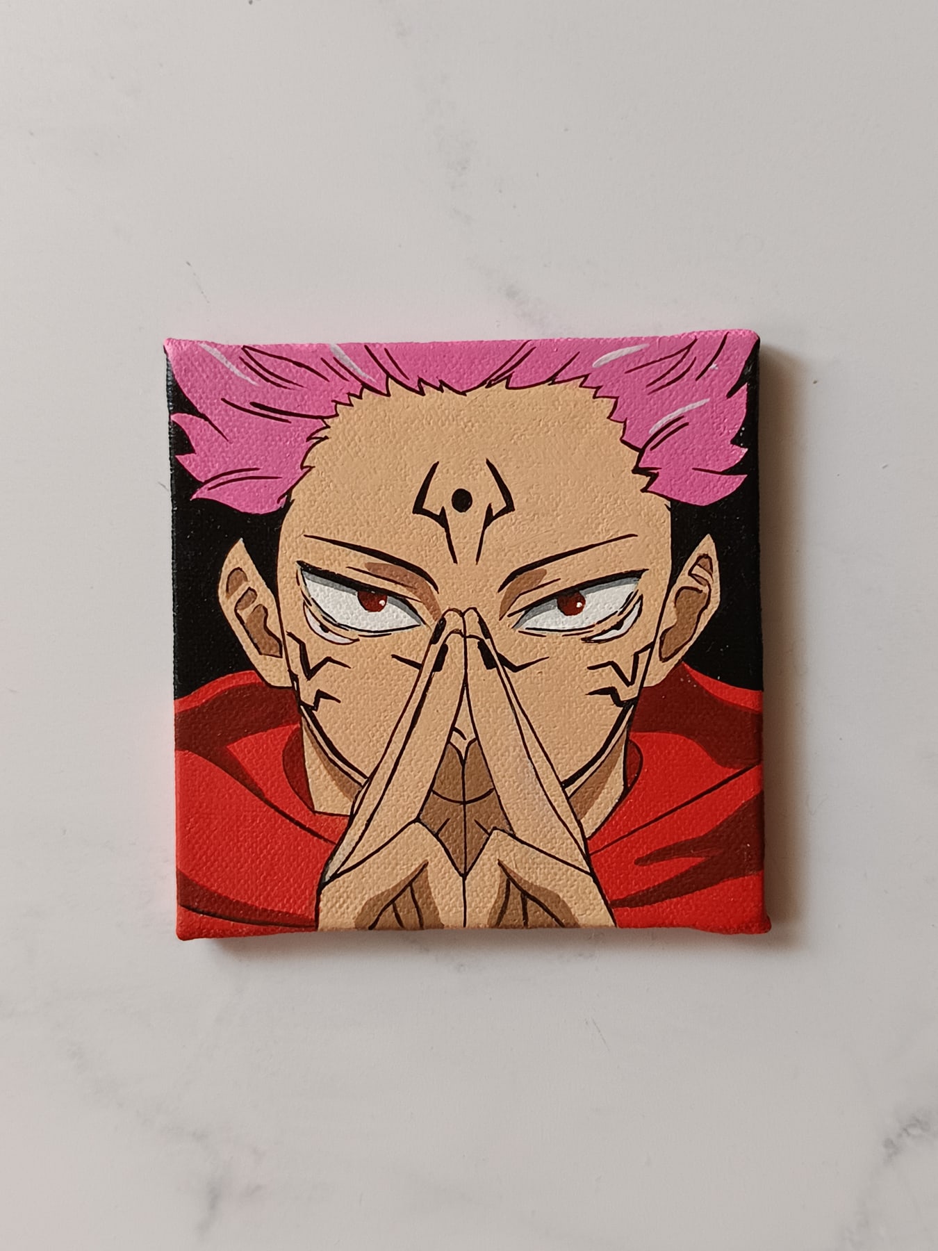 Close-up of Ryomen Sukuna anime acrylic painting by Tulika Viegas