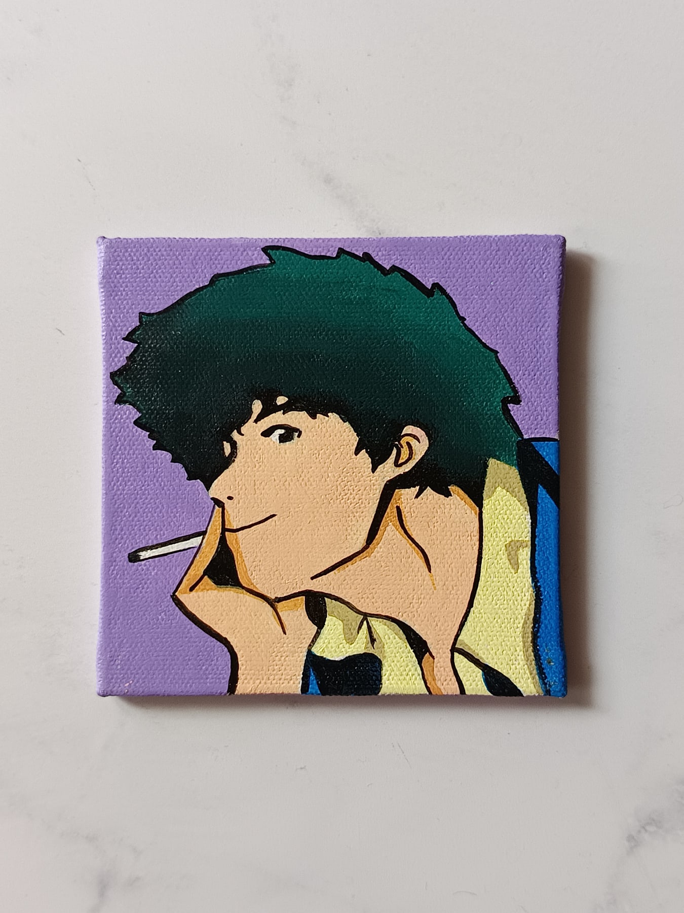 Side view of Spike Spiegel hand-painted mini canvas fridge magnet by Tulika Viegas