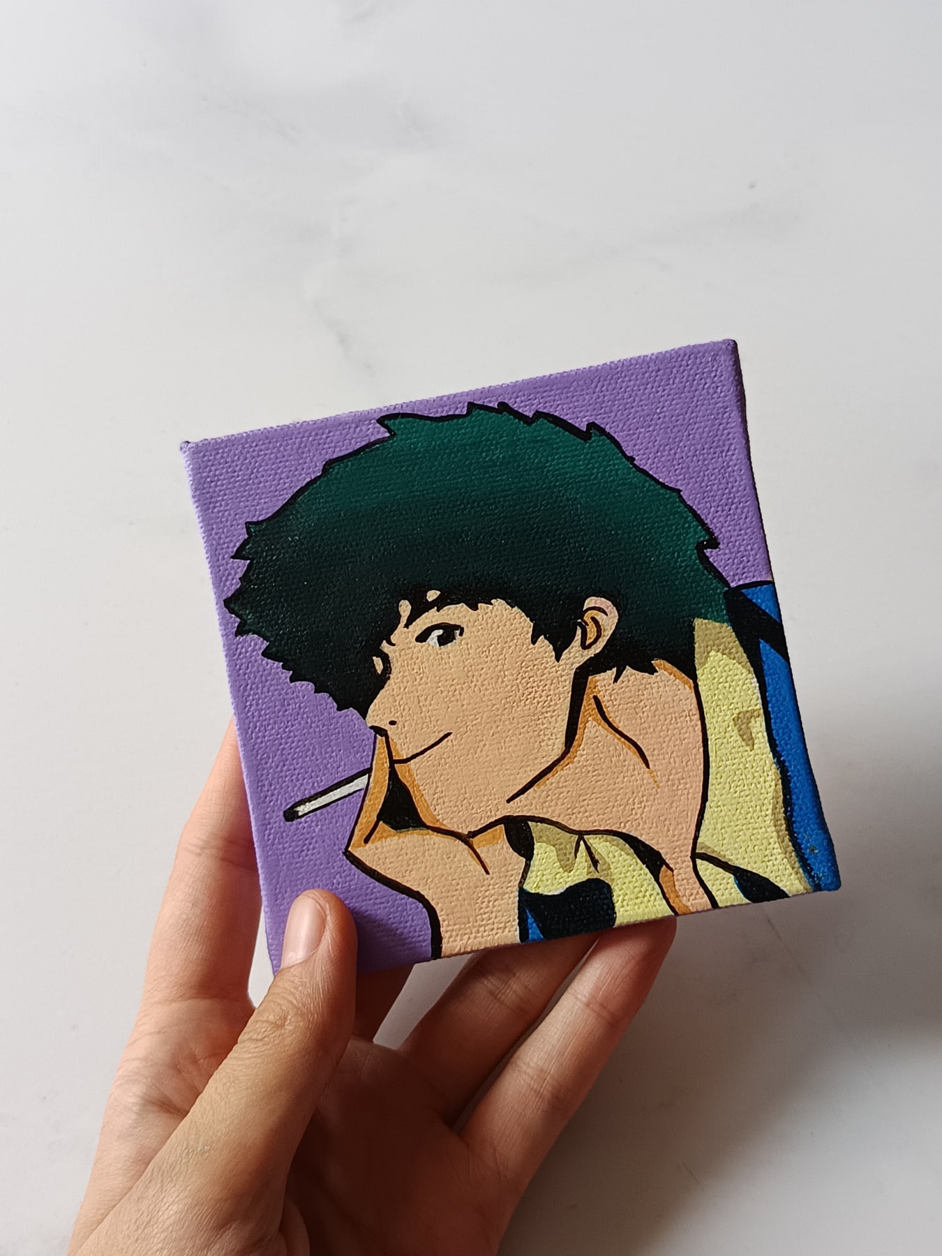Close-up of Spike Spiegel anime acrylic painting by Tulika Viegas