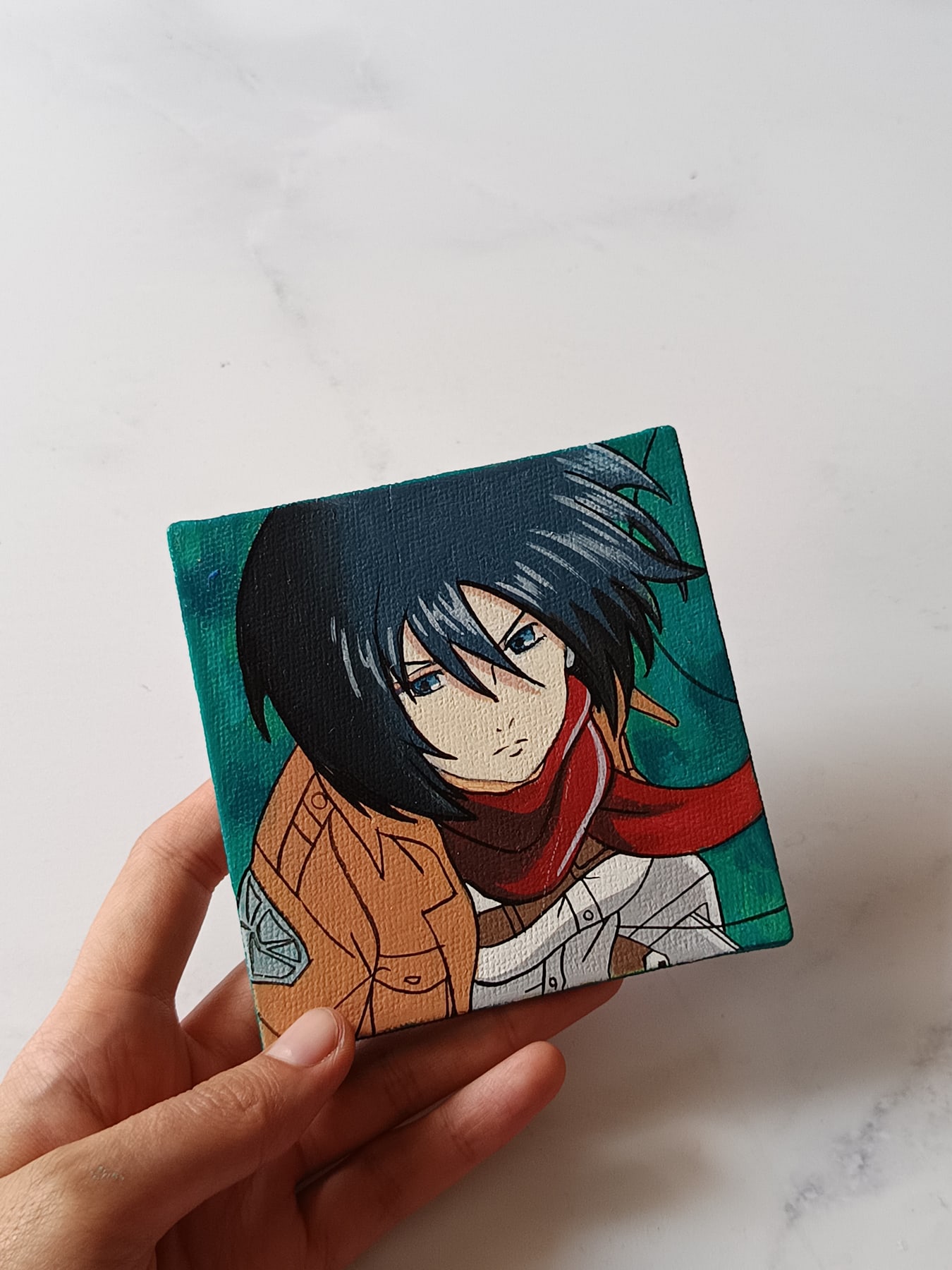 Close-up of Mikasa Ackerman anime acrylic painting by Tulika Viegas