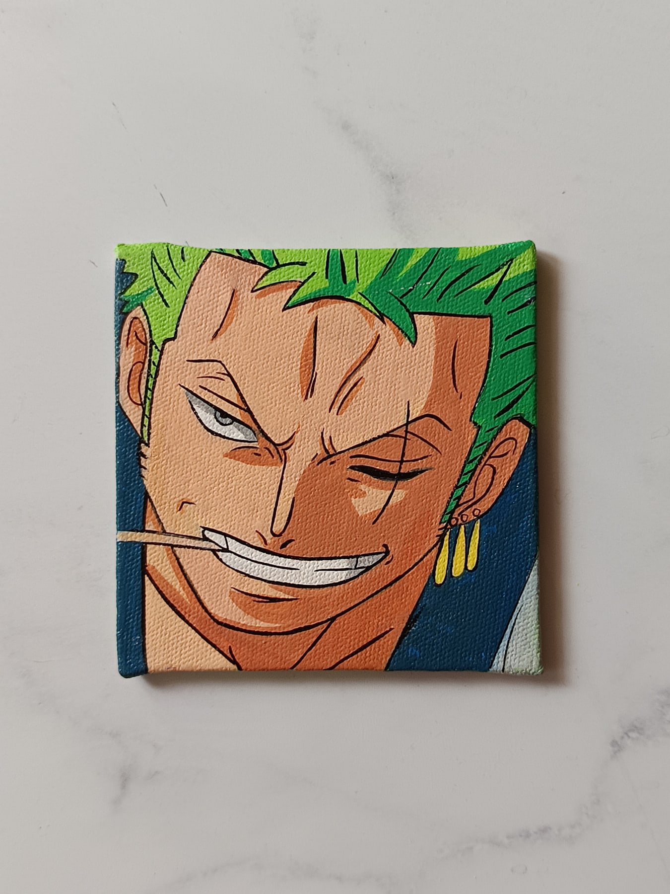 Close-up of Roronoa Zoro anime acrylic painting by Tulika Viegas
