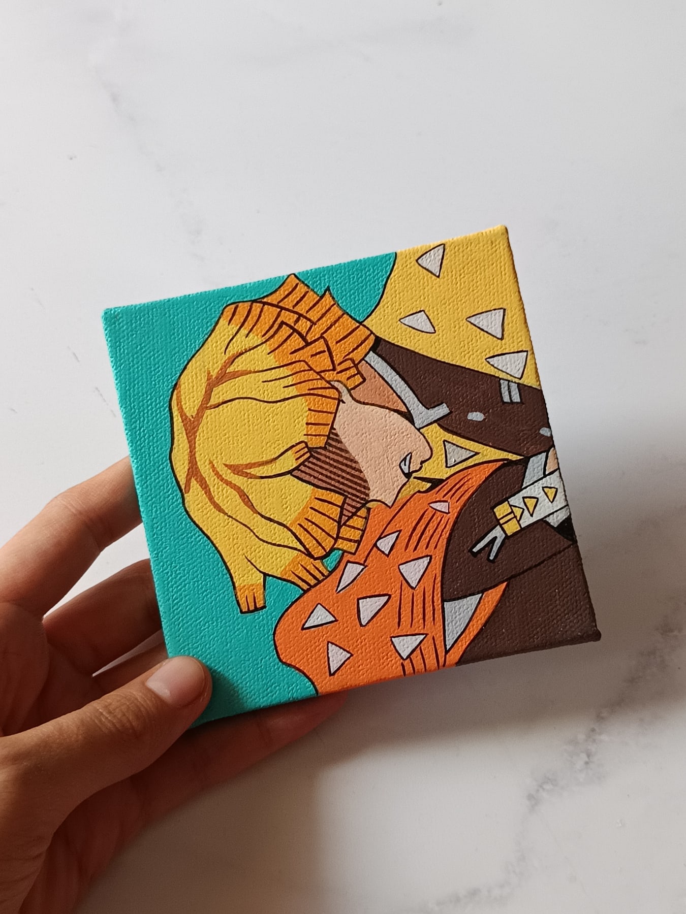 Side view of Zenitsu Agatsuma hand-painted mini canvas fridge magnet by Tulika Viegas