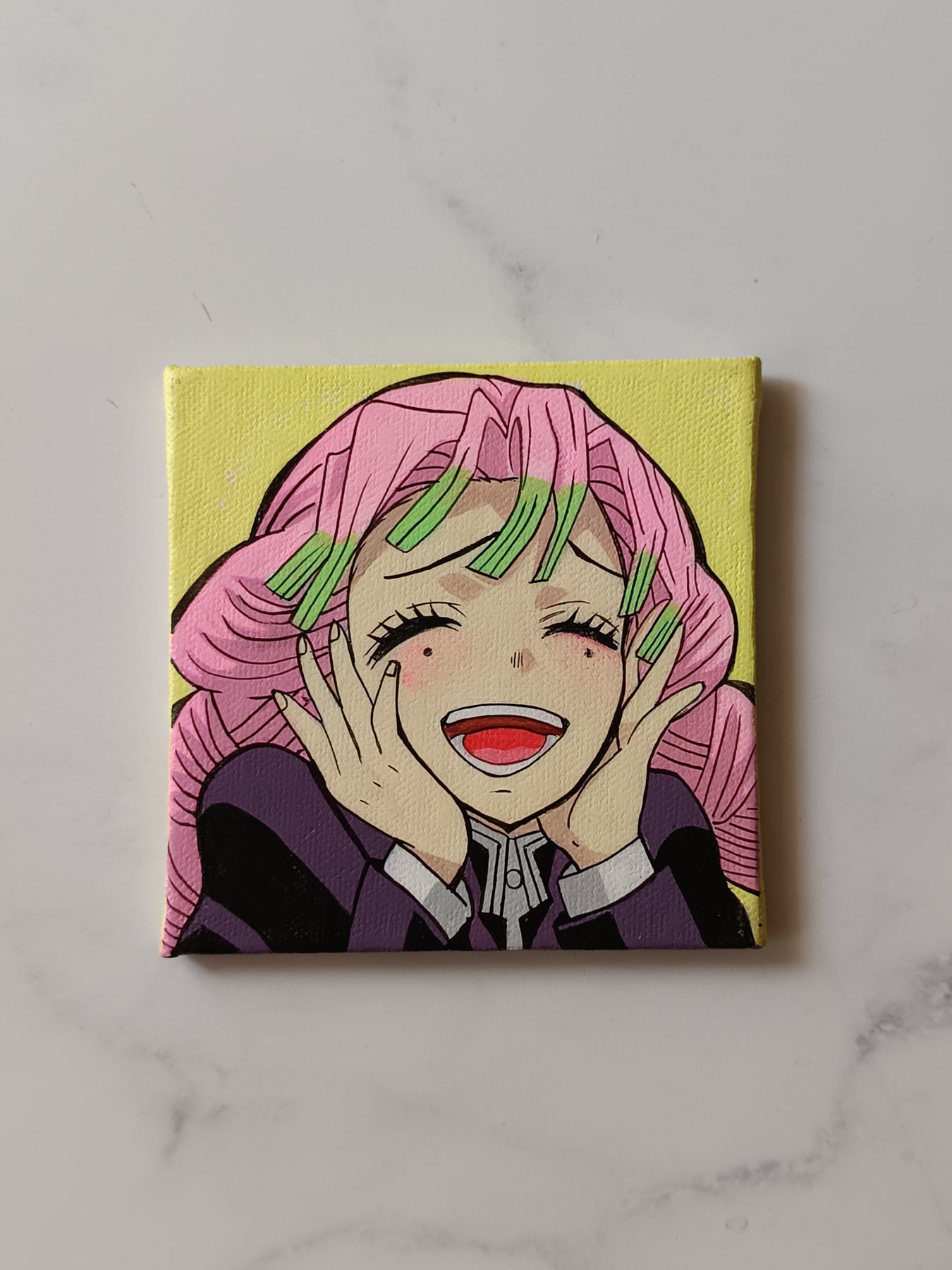 Close-up of Mitsuri Kanroji anime acrylic painting by Tulika Viegas