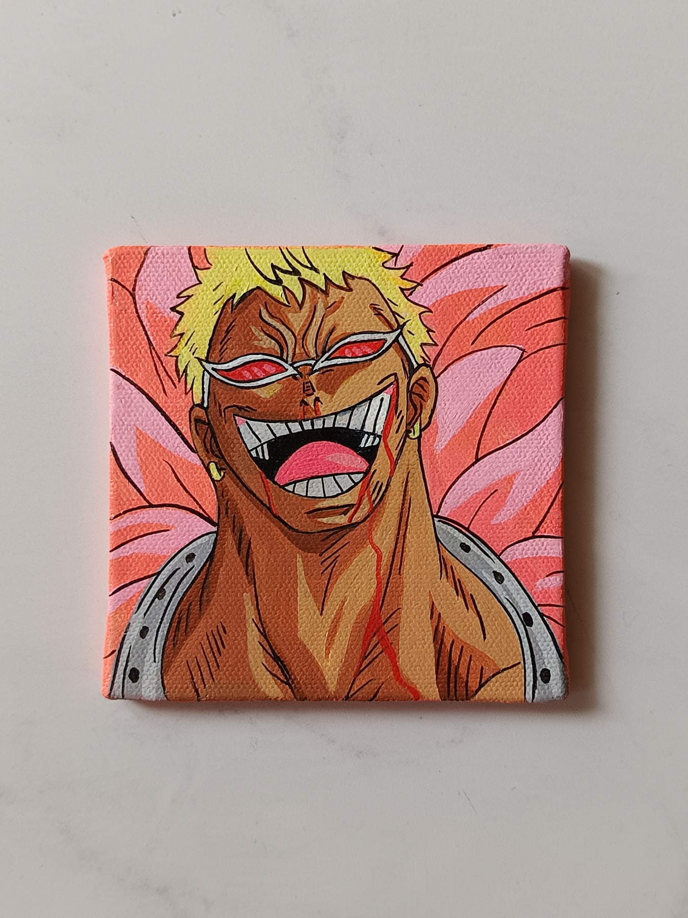Close-up of Donquixote Doflamingo anime acrylic painting by Tulika Viegas