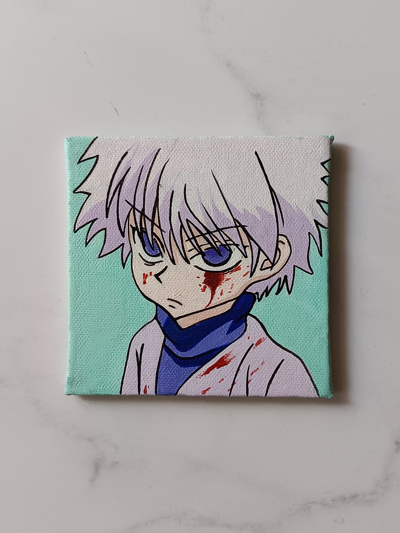 Side view of Killua Zoldyck hand-painted mini canvas fridge magnet by Tulika Viegas
