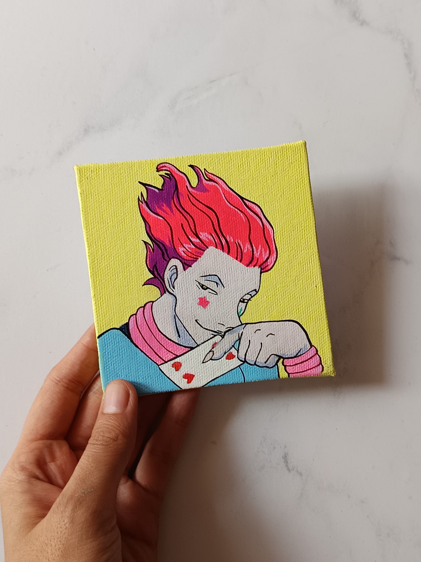 Close-up of Hisoka Morow anime acrylic painting by Tulika Viegas