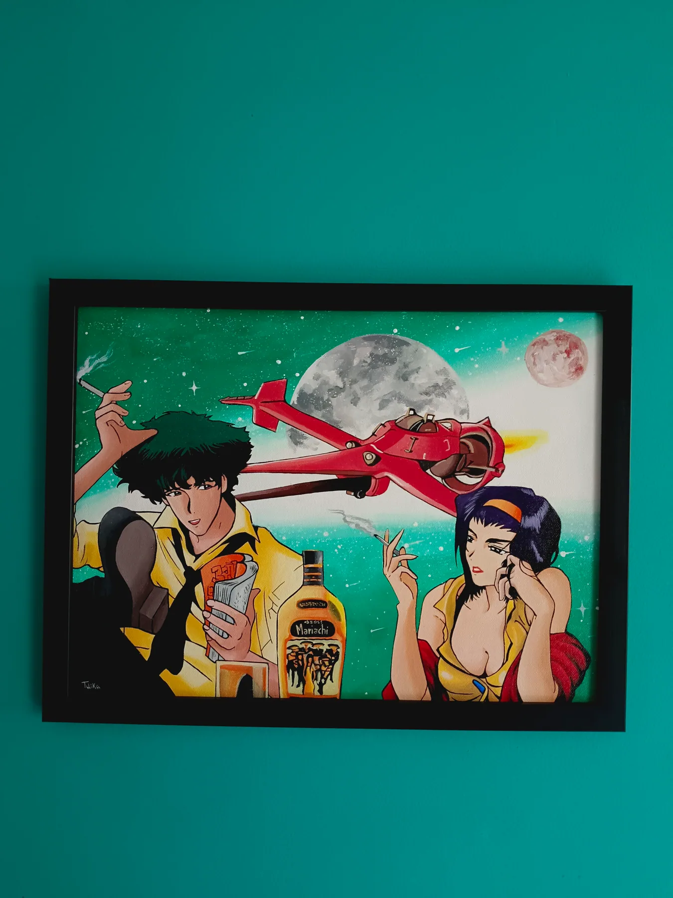 Framed acrylic Cowboy Bebop fan painting featuring Spike Spiegel and Faye Valentine beneath dramatic moonlight on a teal display wall.