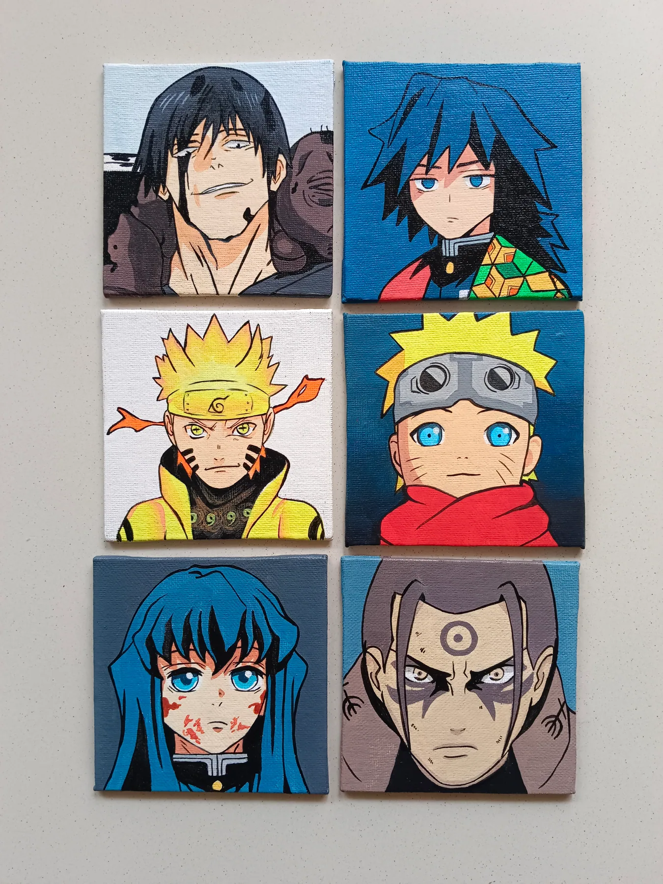 Set of six acrylic mini-canvas portraits featuring Naruto Uzumaki, Itachi Uchiha and other Naruto and Demon Slayer characters.