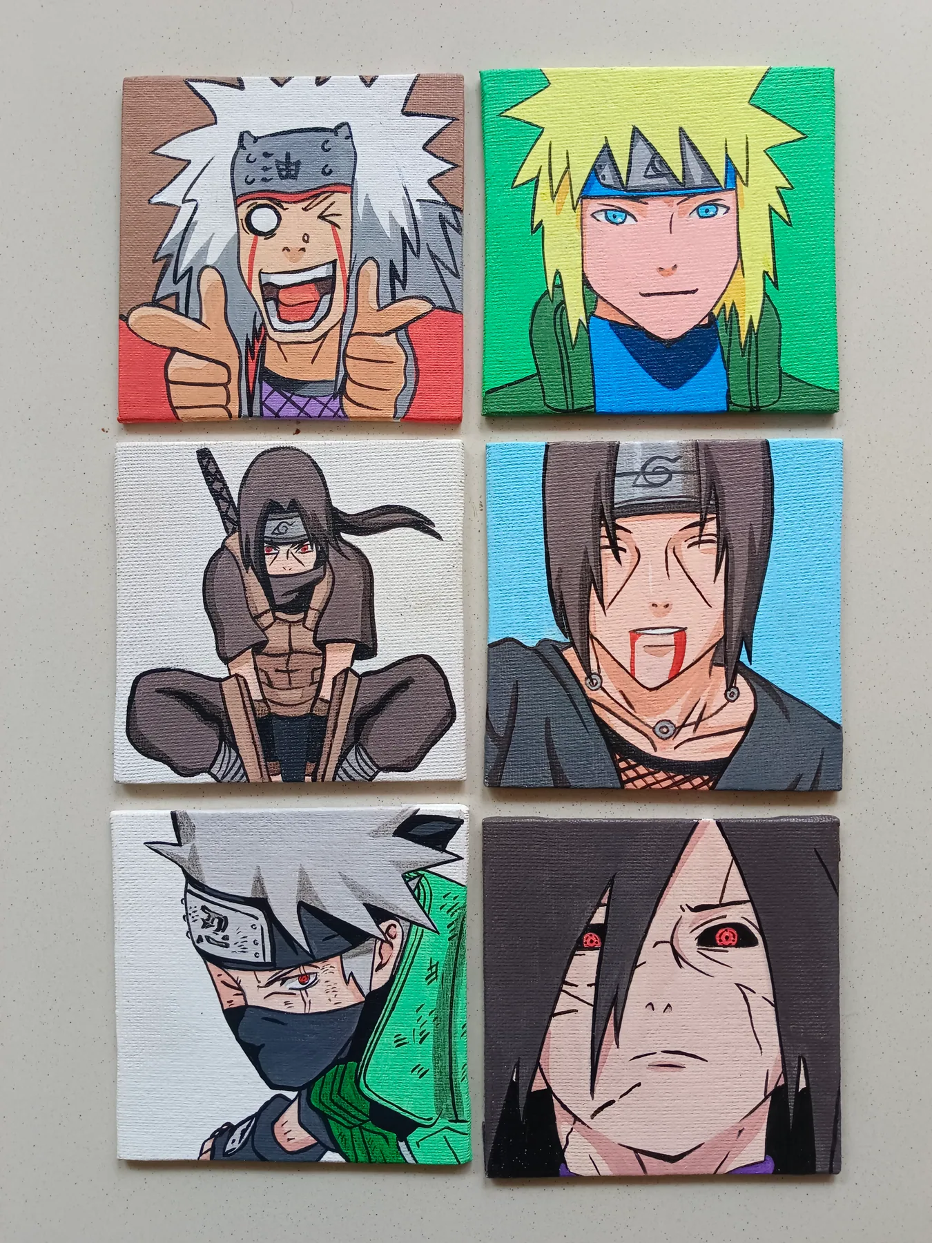 Grid of six acrylic Naruto character mini canvases featuring Jiraiya, Naruto Uzumaki, Itachi Uchiha, Kakashi Hatake and other ninja portraits.