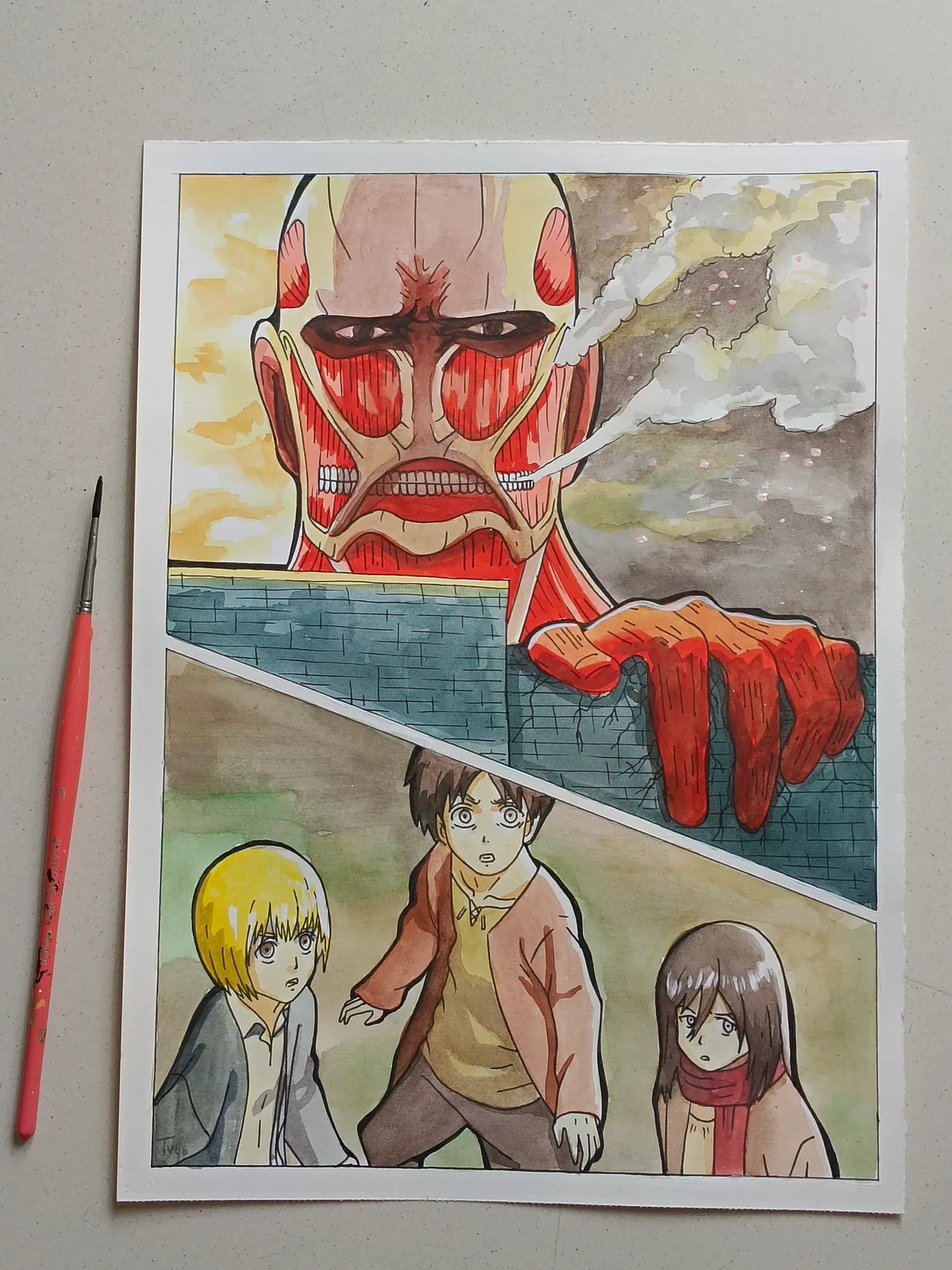 Hand-painted Attack on Titan scene on paper featuring the Colossal Titan and Survey Corps characters.