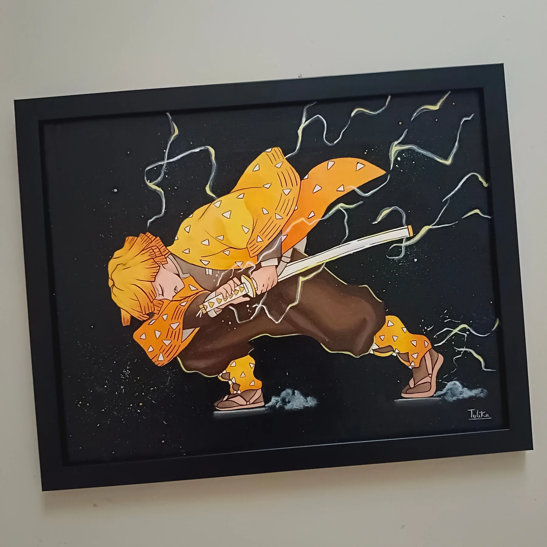 Framed acrylic action painting of Zenitsu Agatsuma from Demon Slayer using a lightning-fast sword technique on a dark background.