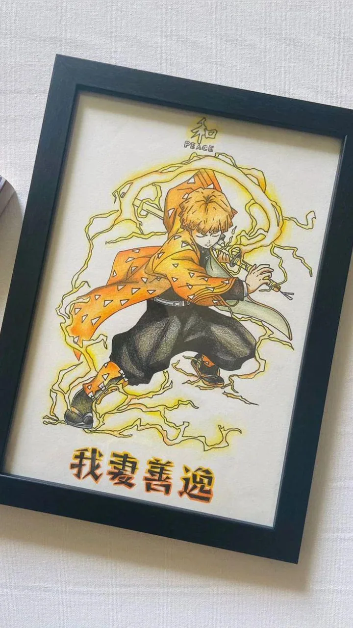 Framed fan artwork of Zenitsu Agatsuma from Demon Slayer with yellow lightning motion lines and Japanese text details.
