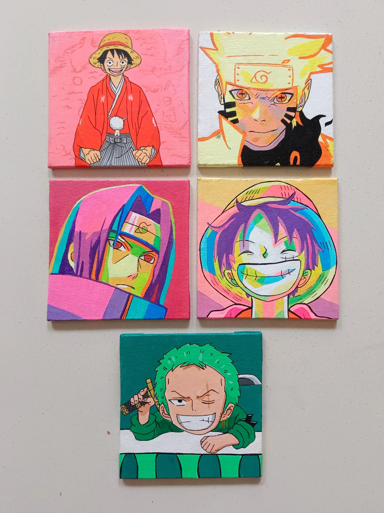 Bright set of acrylic mini canvases featuring Monkey D. Luffy, Naruto Uzumaki, Anya Forger, Roronoa Zoro and other anime characters.
