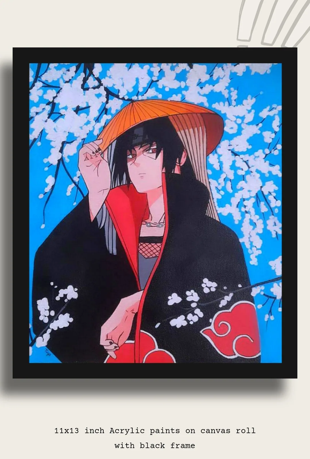 Framed acrylic portrait of Itachi Uchiha from Naruto with a red umbrella and blue blossom background.