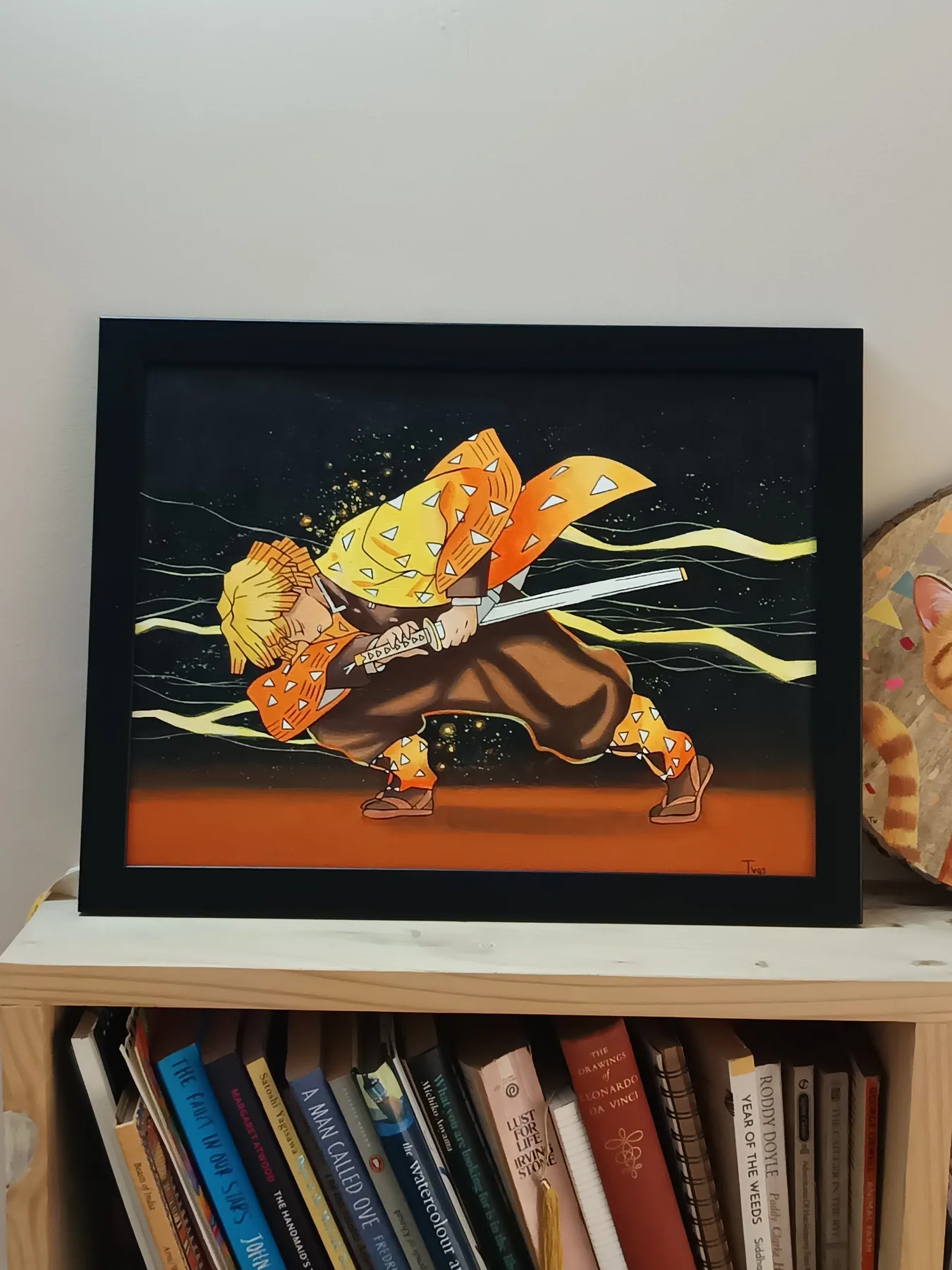 Framed acrylic action artwork of Zenitsu Agatsuma from Demon Slayer with glowing lightning effects on a dark scene.