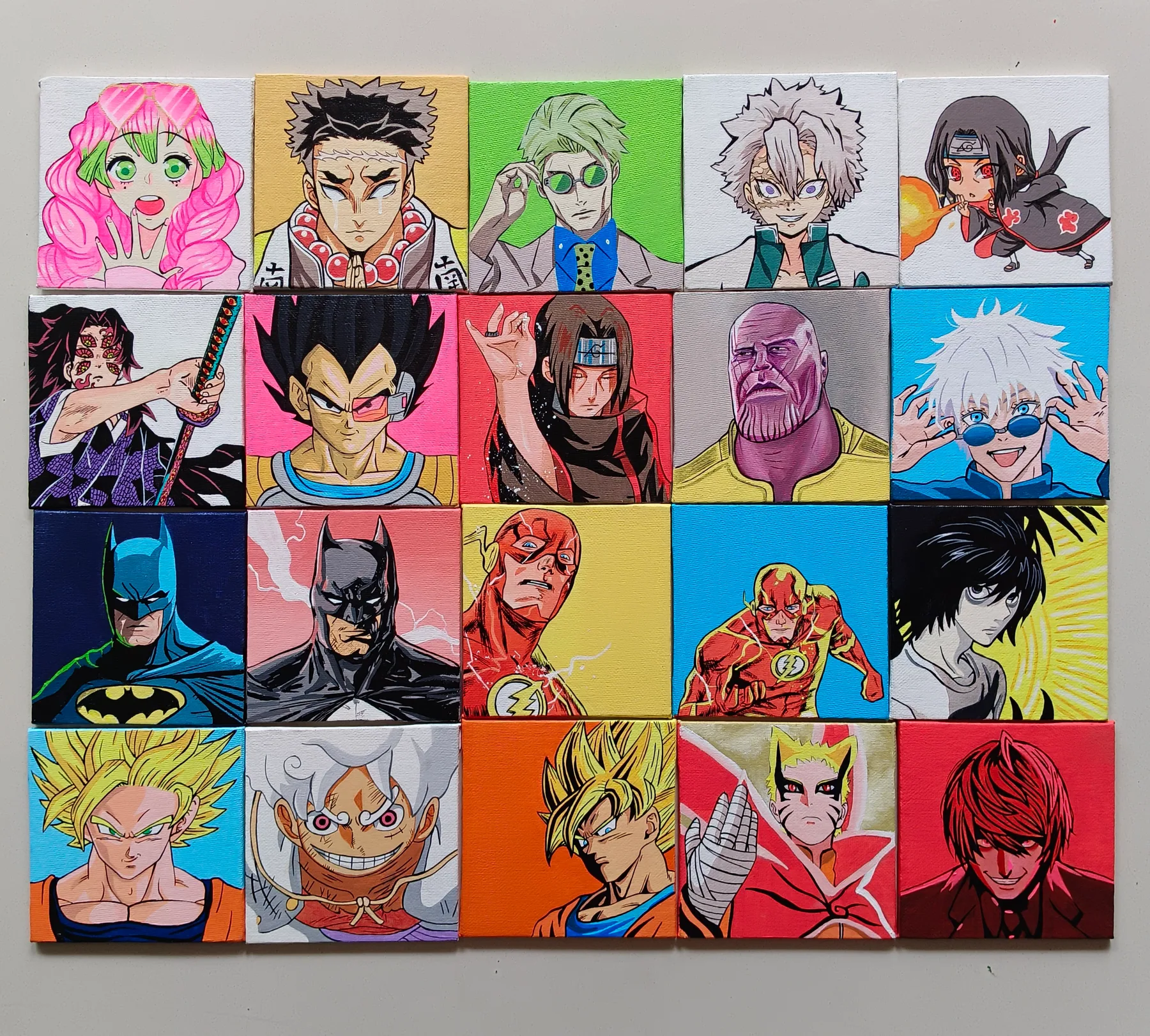Large acrylic character collage featuring Mitsuri Kanroji, Satoru Gojo, Batman, The Flash, Iron Man and other anime and comic portraits.