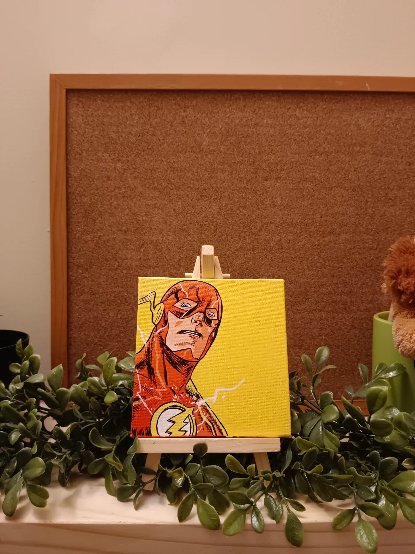 Hand-painted acrylic mini canvas of The Flash from DC Comics in his red suit, displayed against a bright yellow background.