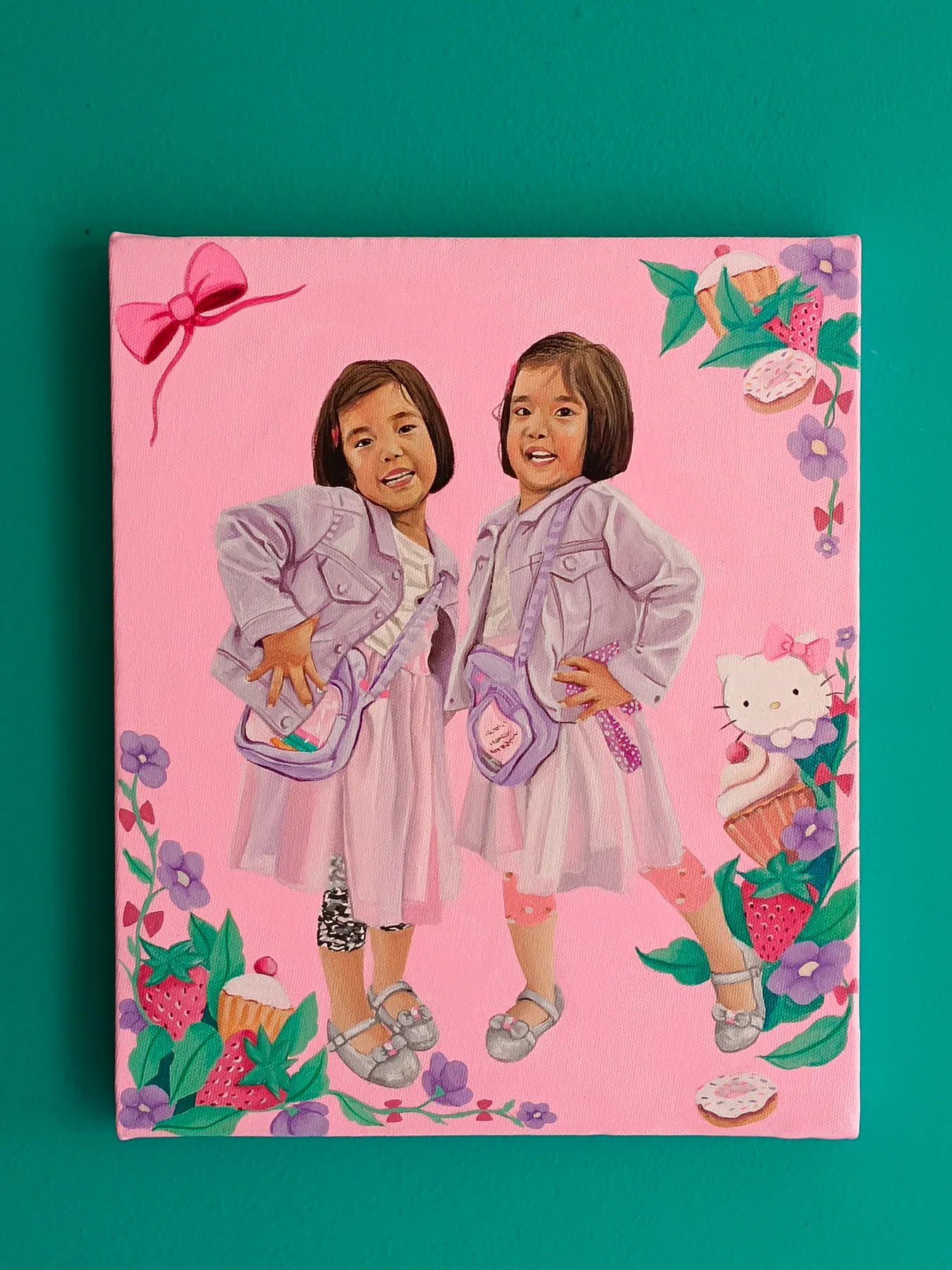 Custom canvas portrait of two young girls in matching outfits on a pink floral background, painted as a sweet gift.
