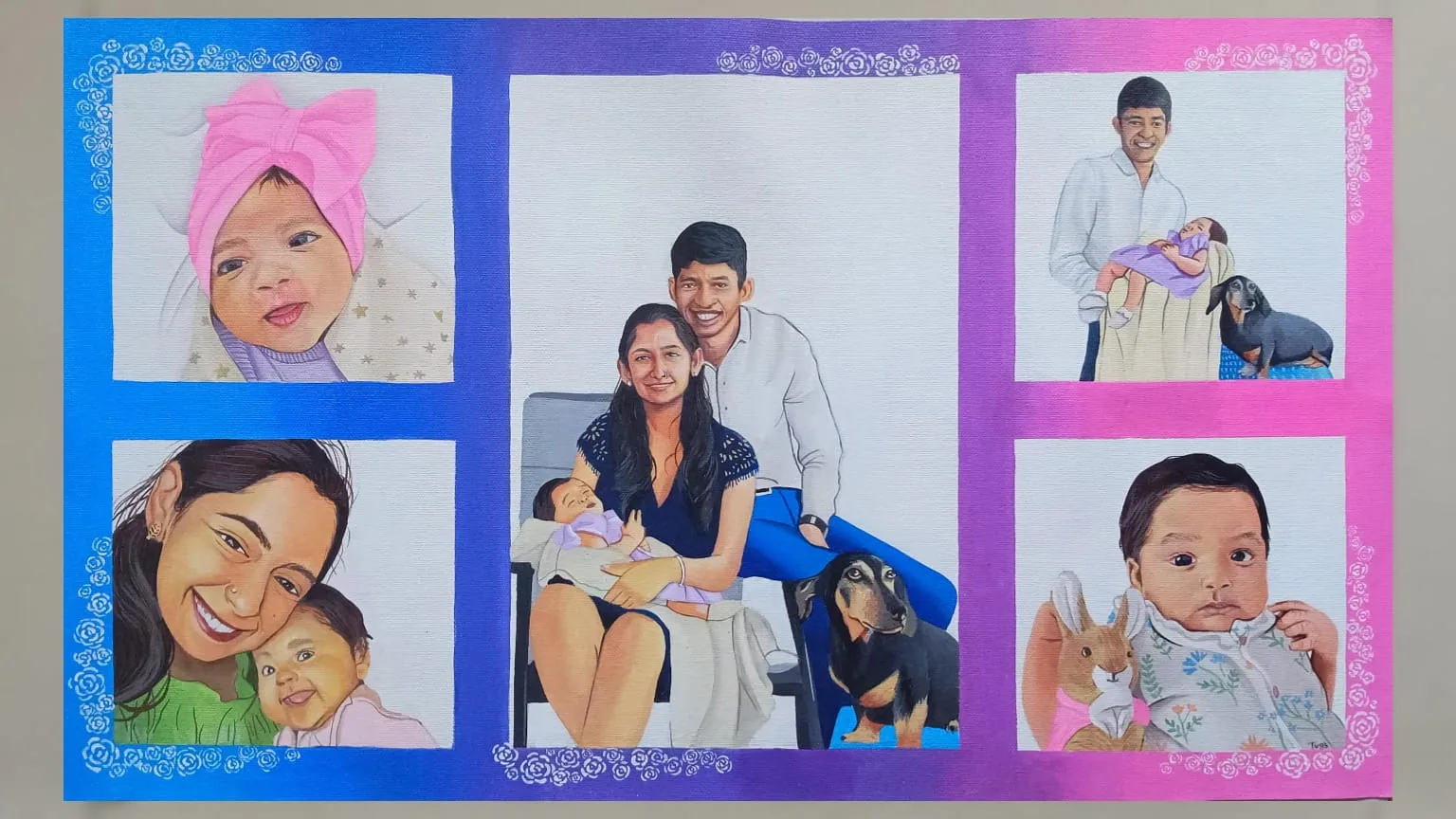 Custom family memory collage with several portrait moments arranged on a purple background as a keepsake artwork.