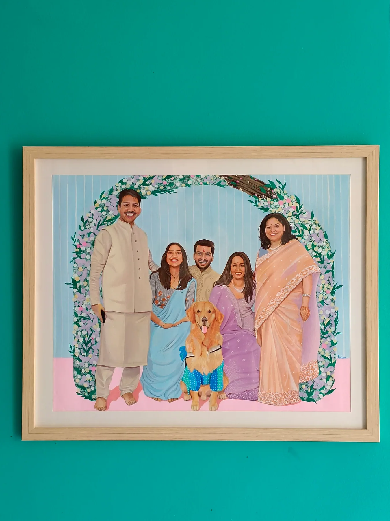 Framed custom family portrait with pets on a teal background, painted as a polished personalised commission piece.