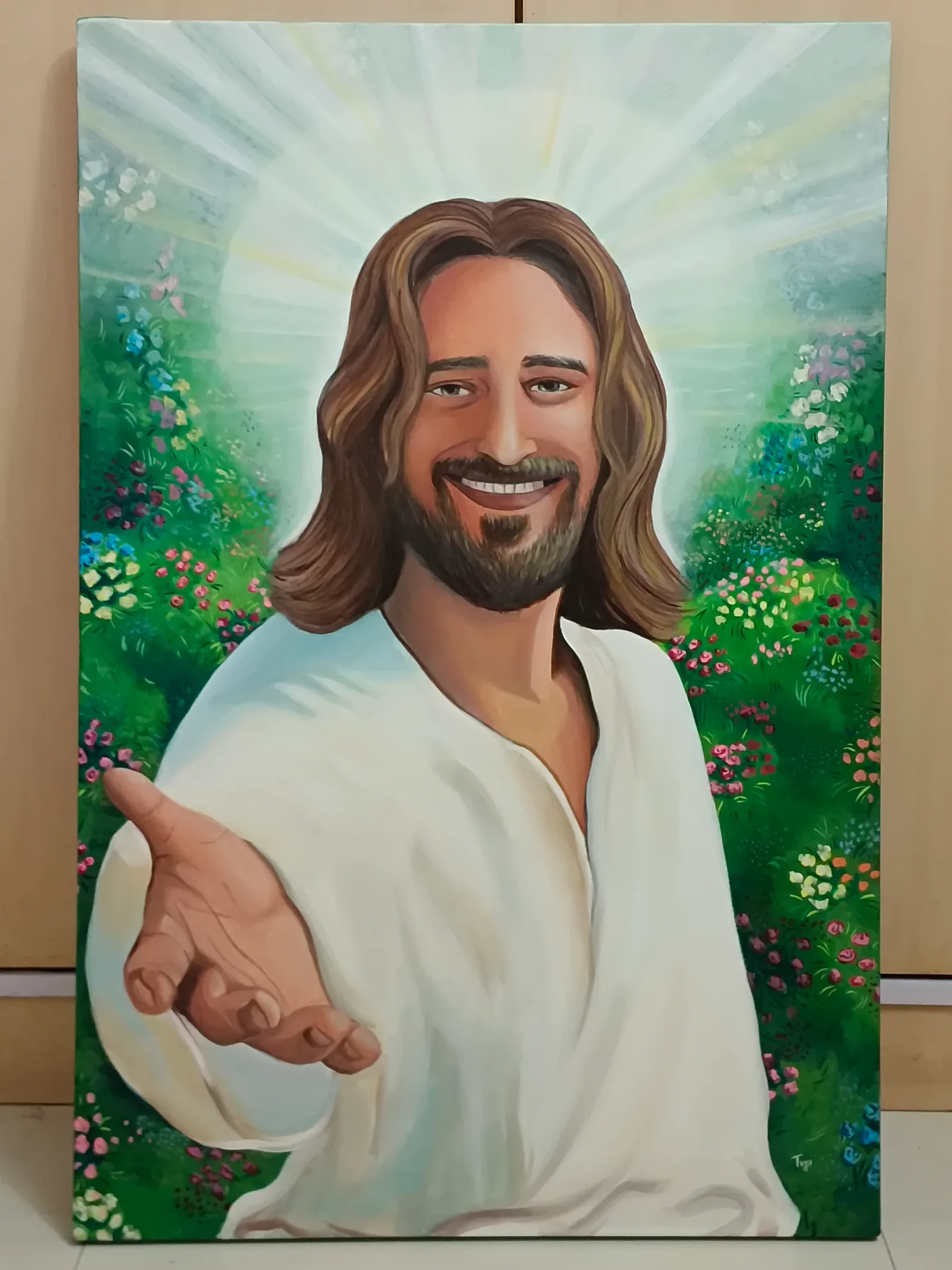 Acrylic canvas painting of Jesus Christ with soft light, greenery and an inviting hand gesture.