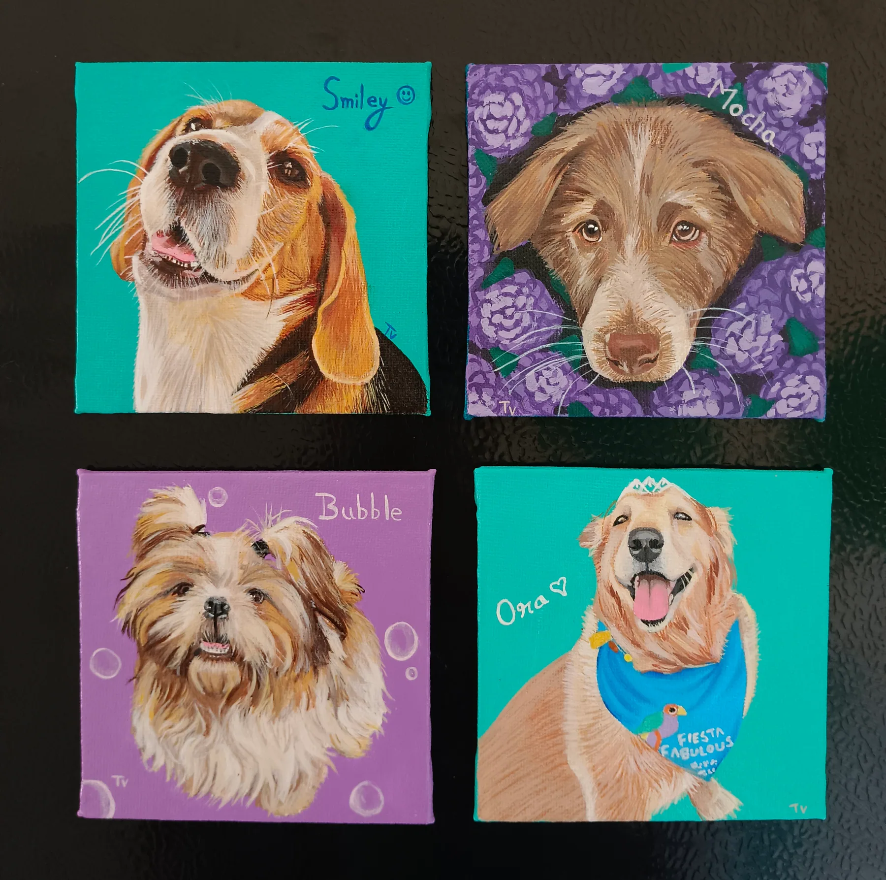 Four custom dog portrait paintings arranged in a colourful grid, each with a playful named-pet style background.