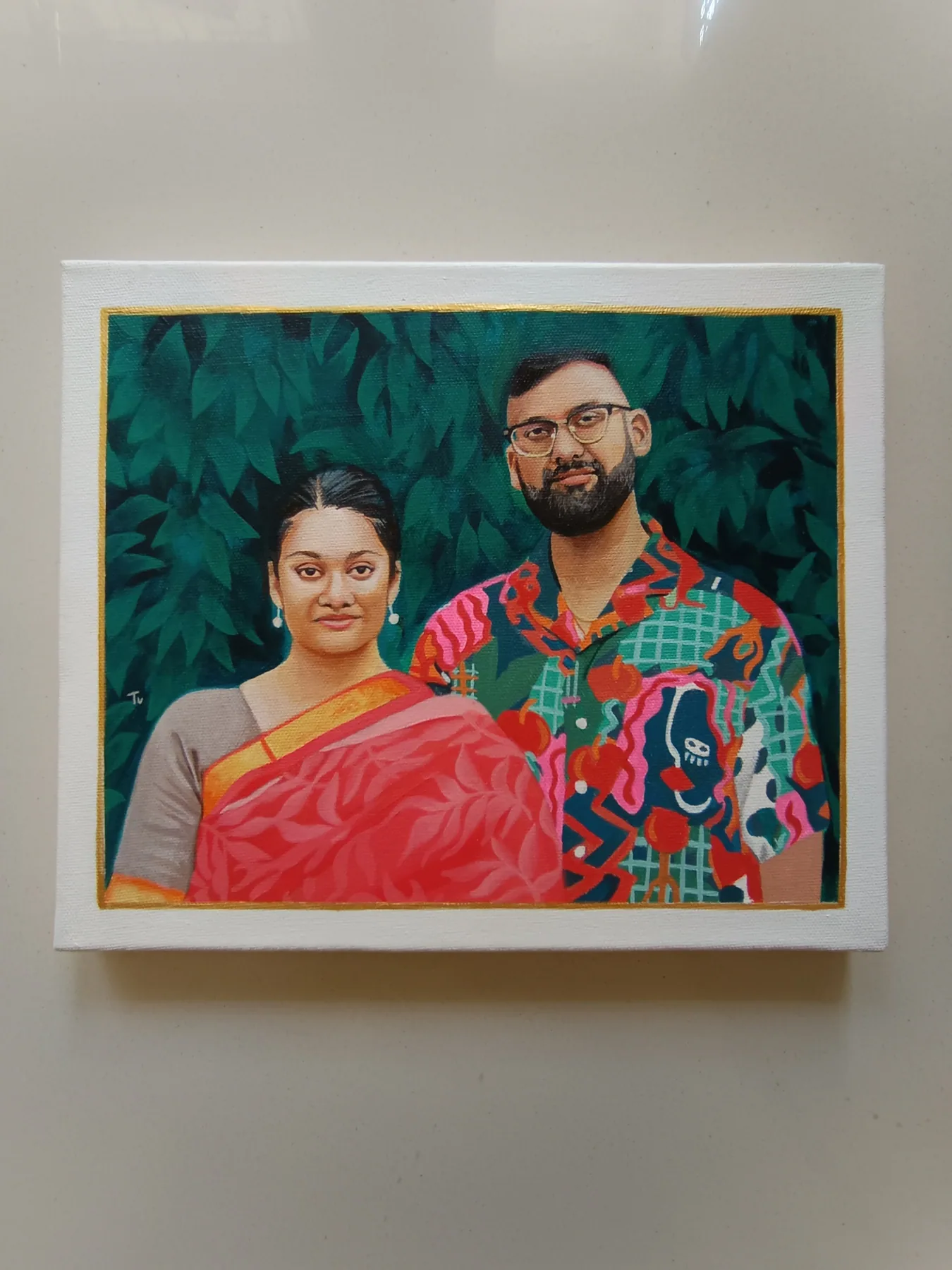 Bright custom couple portrait in traditional clothing with a leafy green background, painted as a romantic gift.