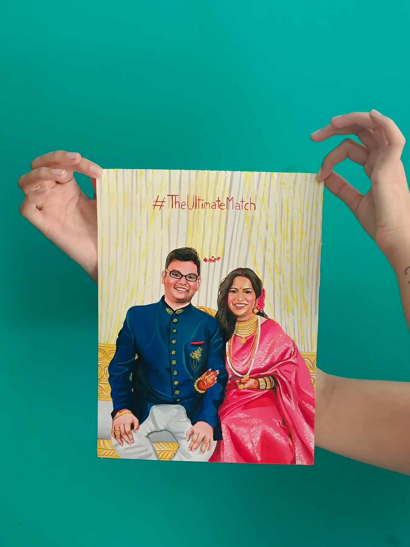 Handheld couple portrait with a warm yellow background and small text detail, made as a personalised anniversary gift.
